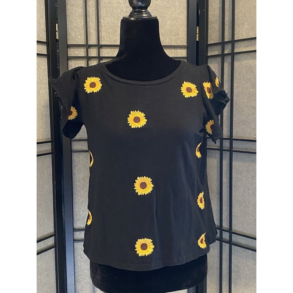 THML Size XS Sunflower Flutter Short Sleeve Shirt Black Cotton Womens “self”